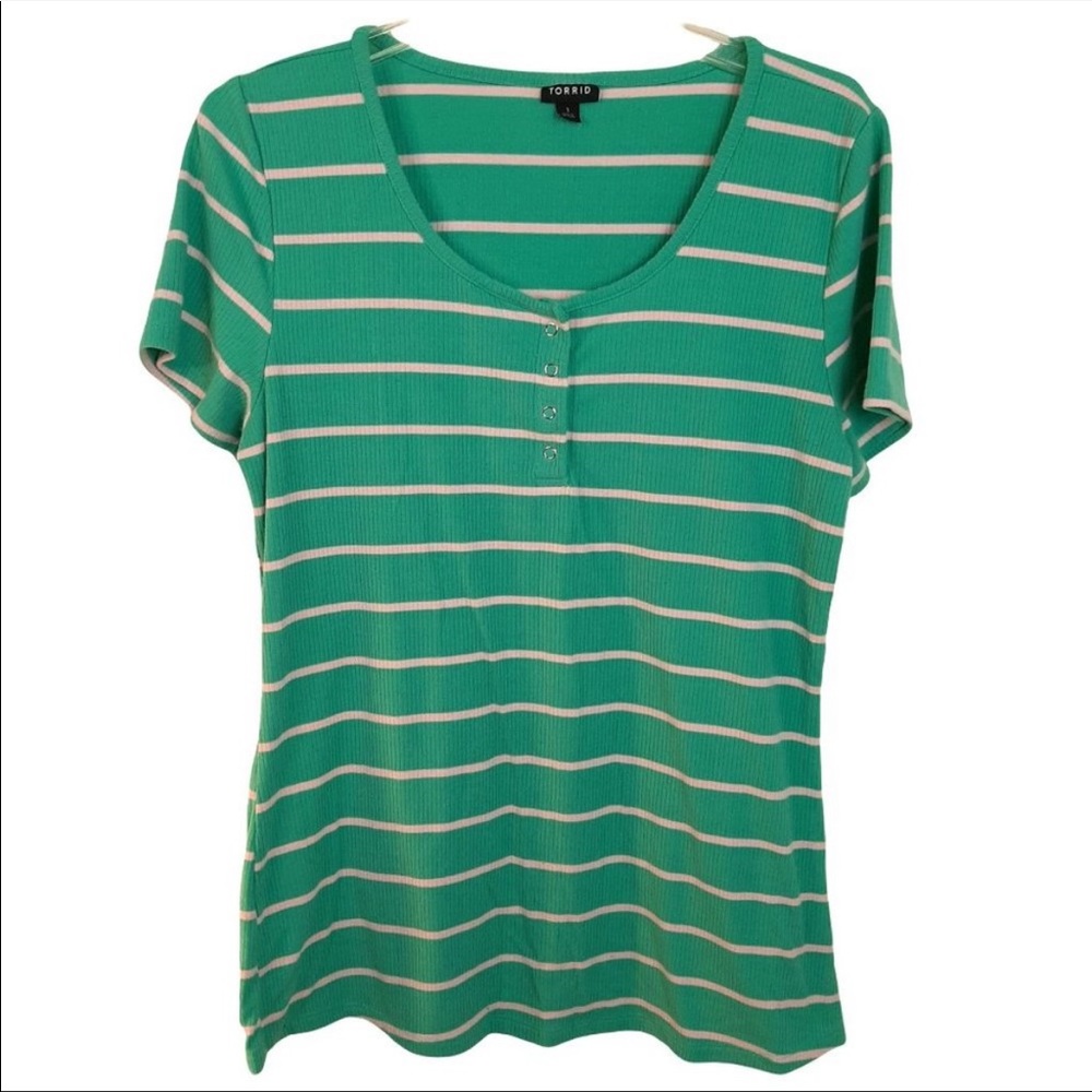 Torrid Ribbed Henley Tee Striped Mint Pink 1X